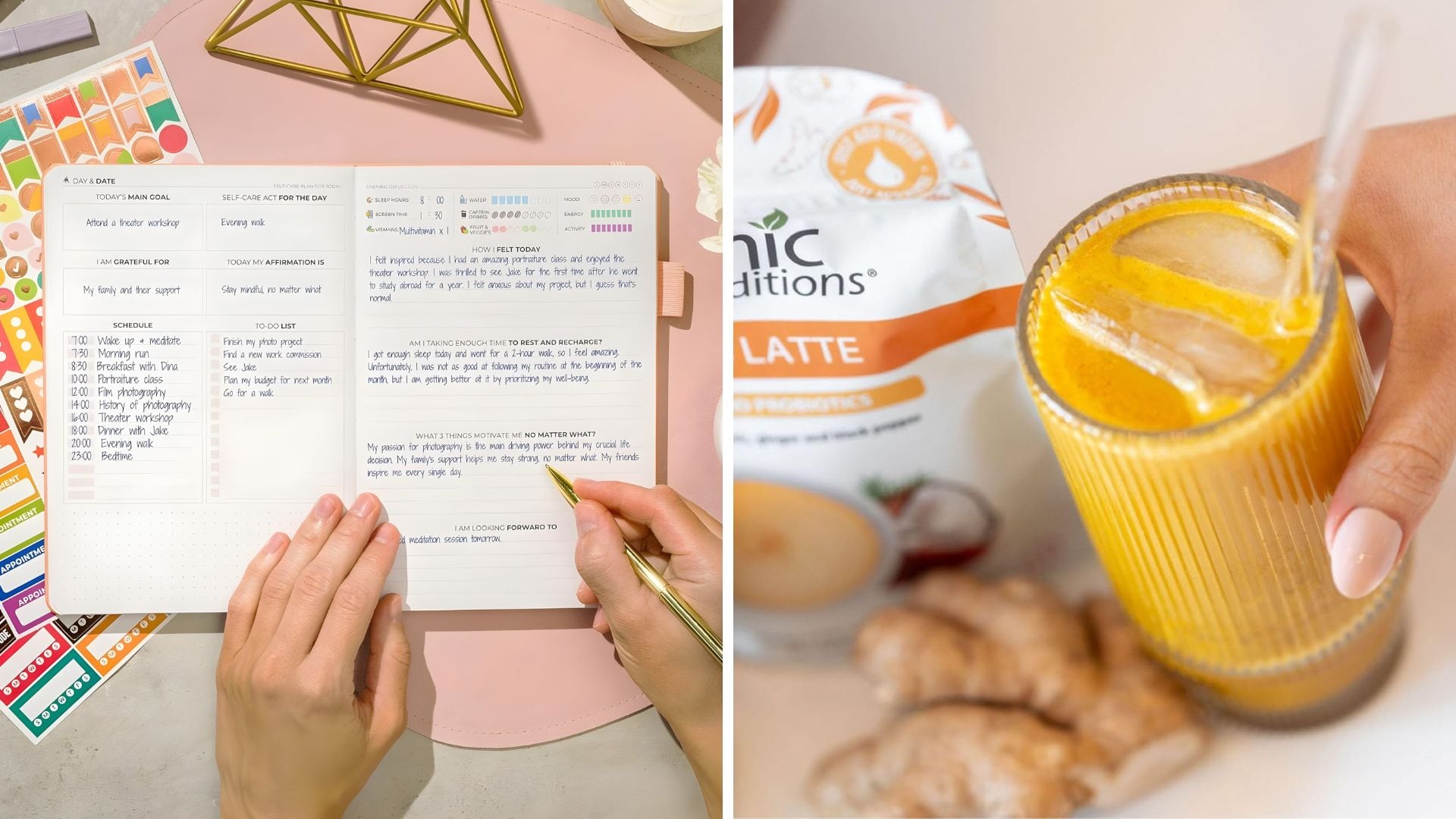 a person writing in a journal and a turmeric latte in a glass