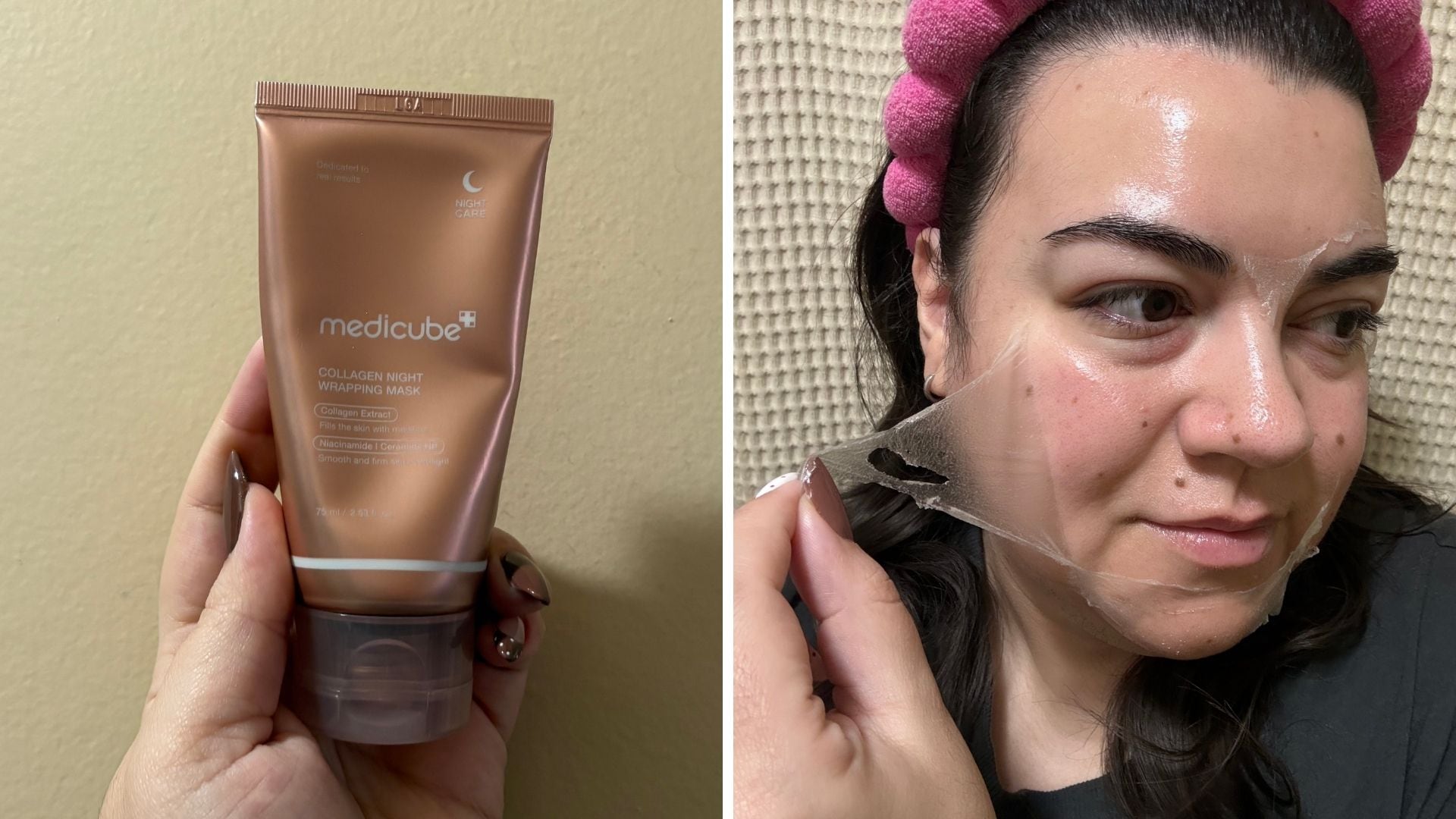 Bianca holding the tube of mask and another image of her peeling it off her face