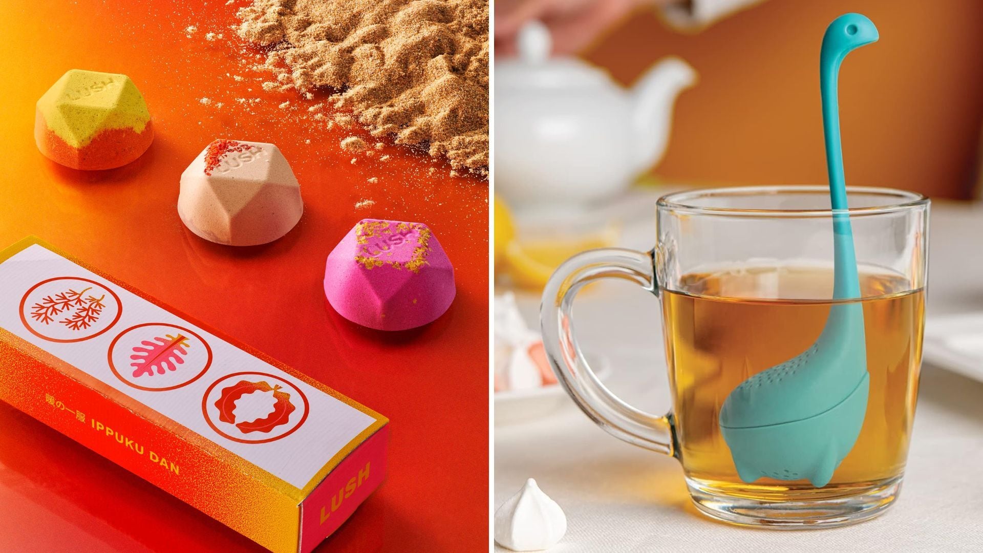 a split image of bath bombs and a tea steeper
