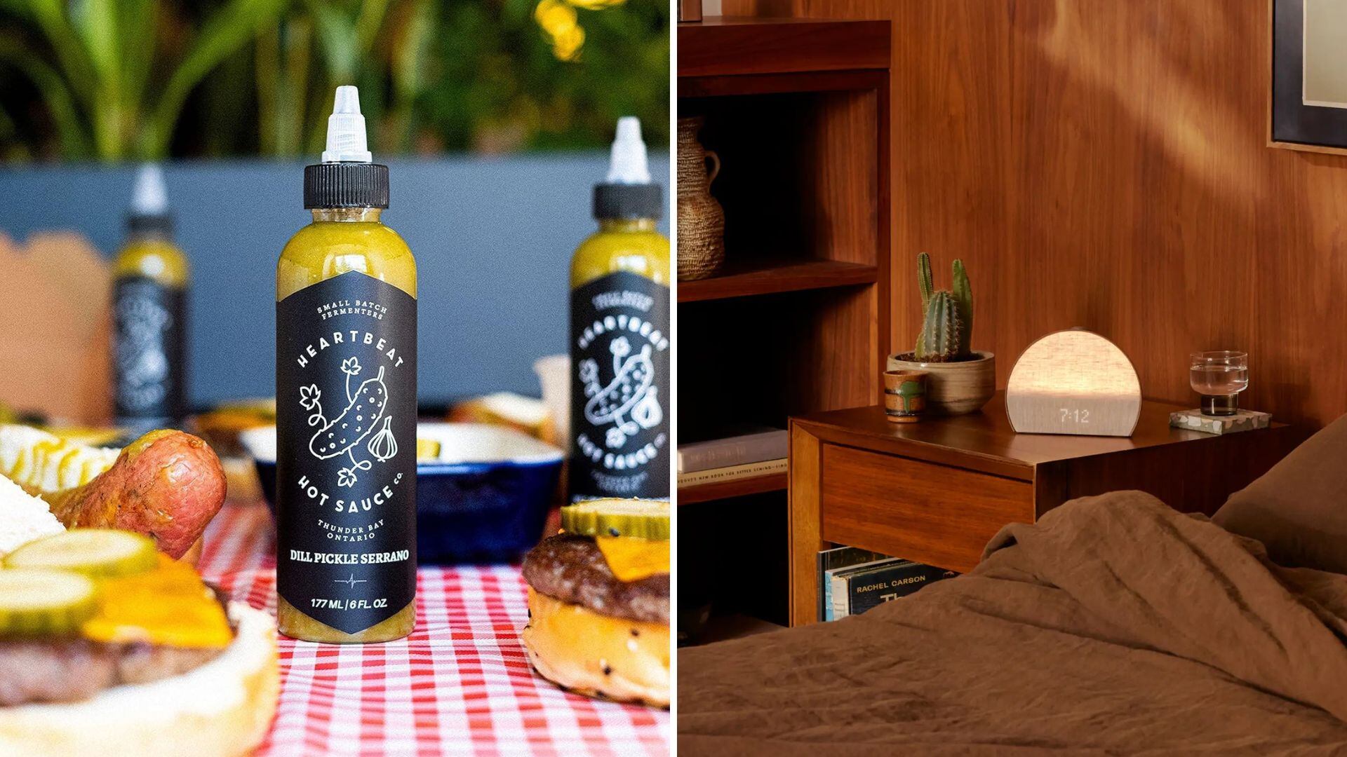 A bottle of hot sauce and a Hatch sunrise alarm clock.