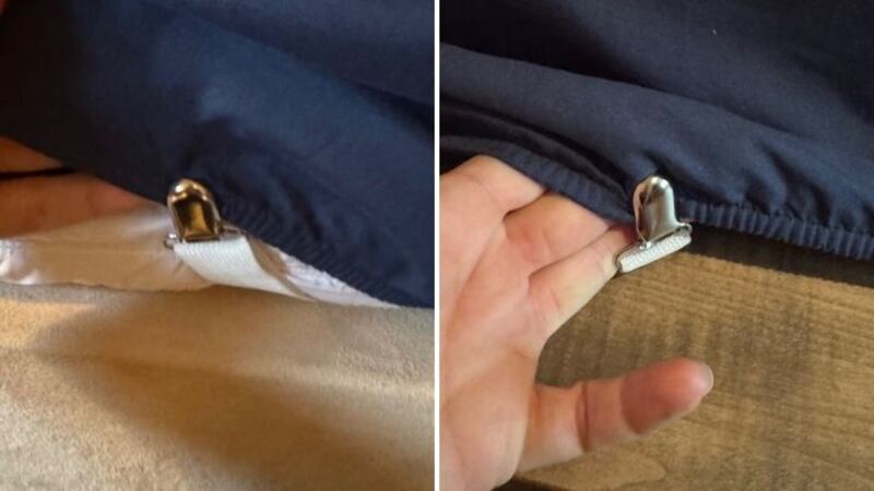 Split image close up on bed sheet holder strap clips