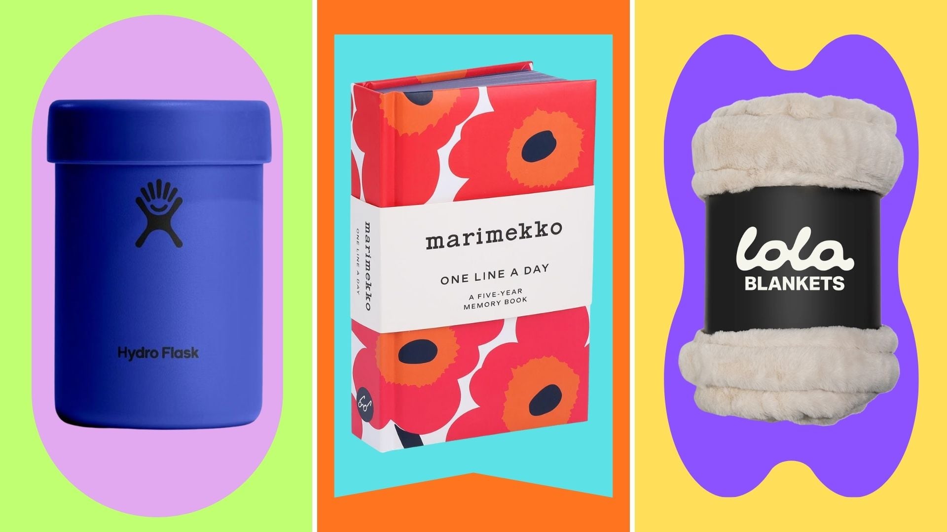 A Hydro Flask Drink Cooler, Marimekko journal, and Lola Blanket.