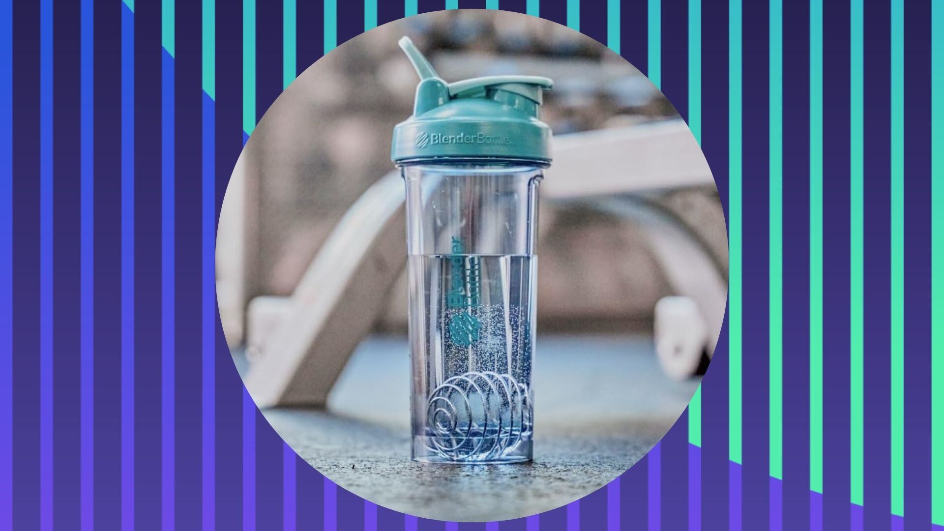 A BlenderBottle on a striped background.