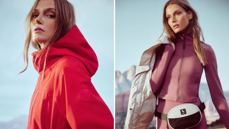 A person wearing a Lolë jacket and a person wearing a matching activewear set from the brand.