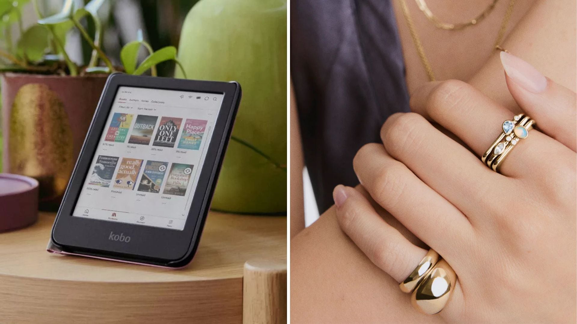 a split image of an ereader and ring stacks on a hand