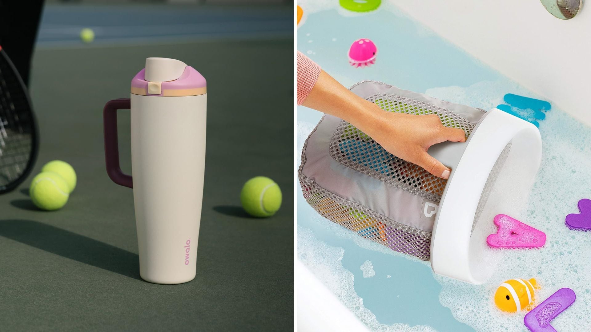 An Owala tumbler on a tennis court and a person scooping bath toys out of a bath with a Munchkin basket.