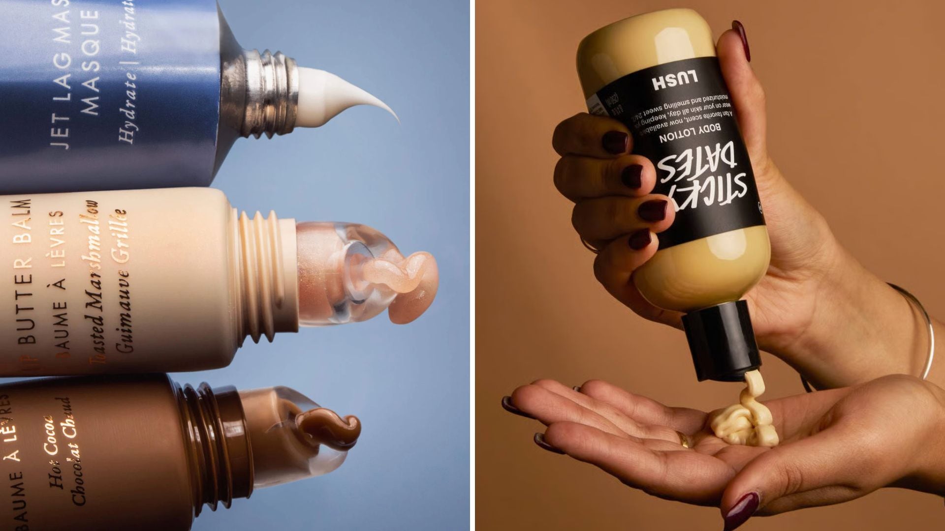 Summer Fridays products and LUSH Sticky Dates lotion.