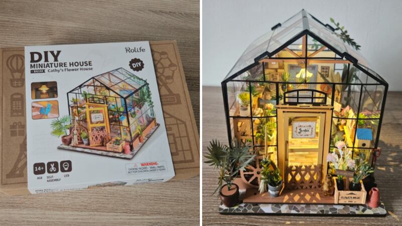 Split images of Rolife DIY Miniature House assembled and box