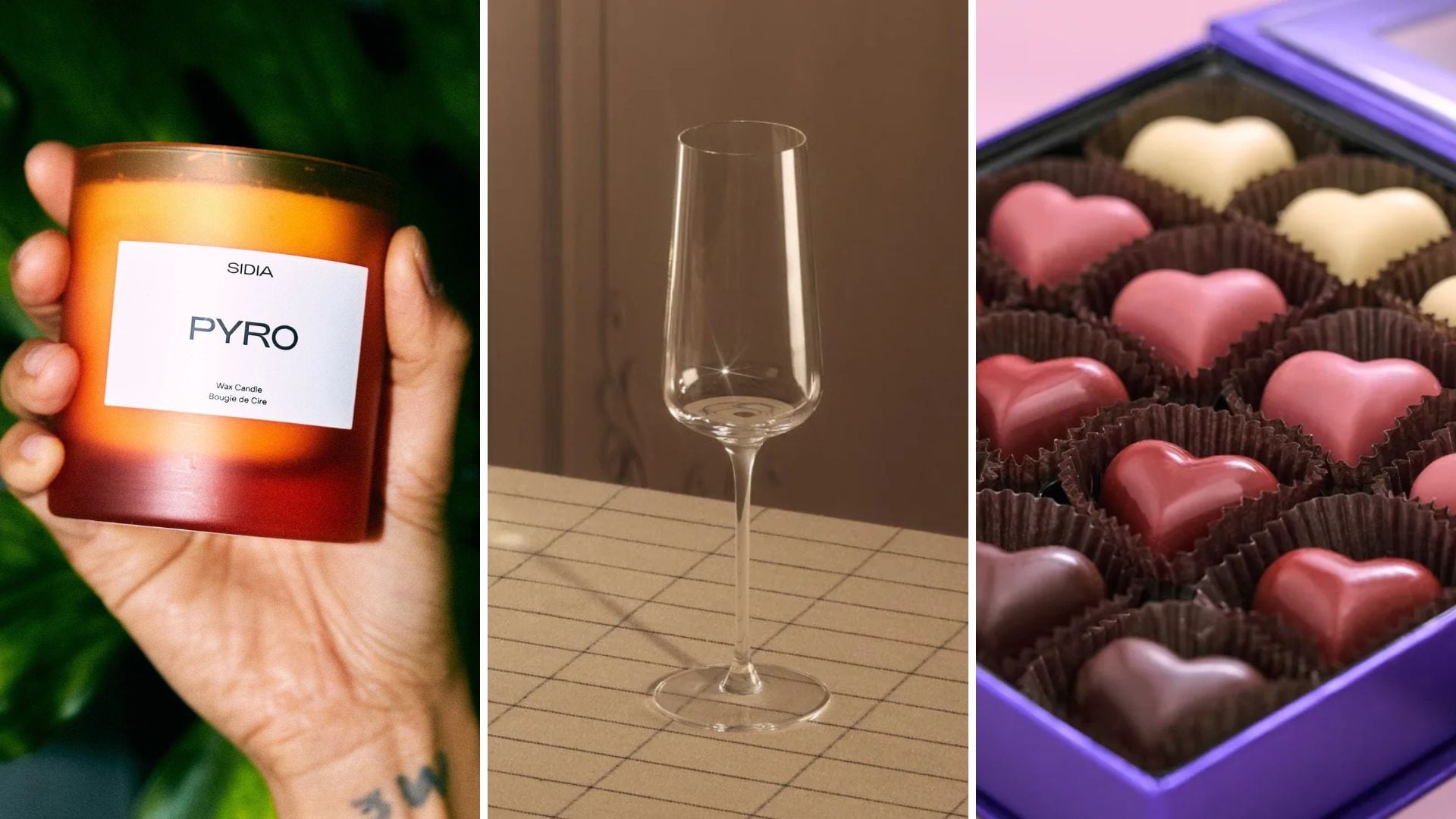 A SIDIA candle, Fable wine glass, and Purdys chocolates.