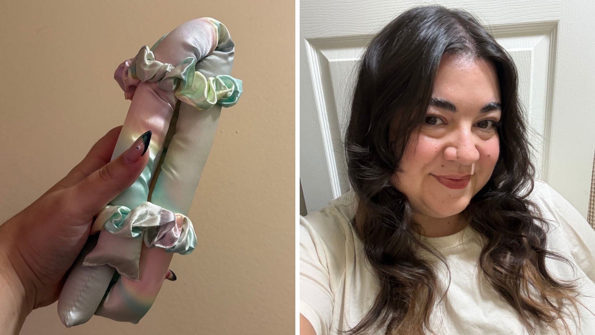 Bianca holding the heatless curling rod, and Bianca's hair curled after using the heatless curling rod