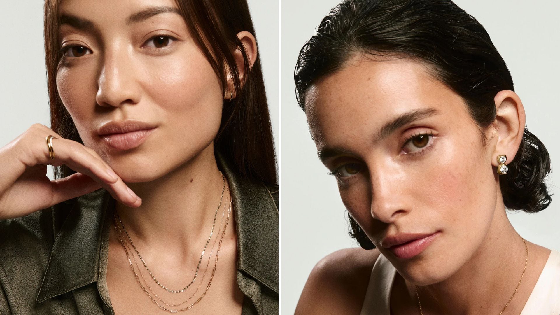 Two people wearing different gold pieces from Mejuri's stackable collection.
