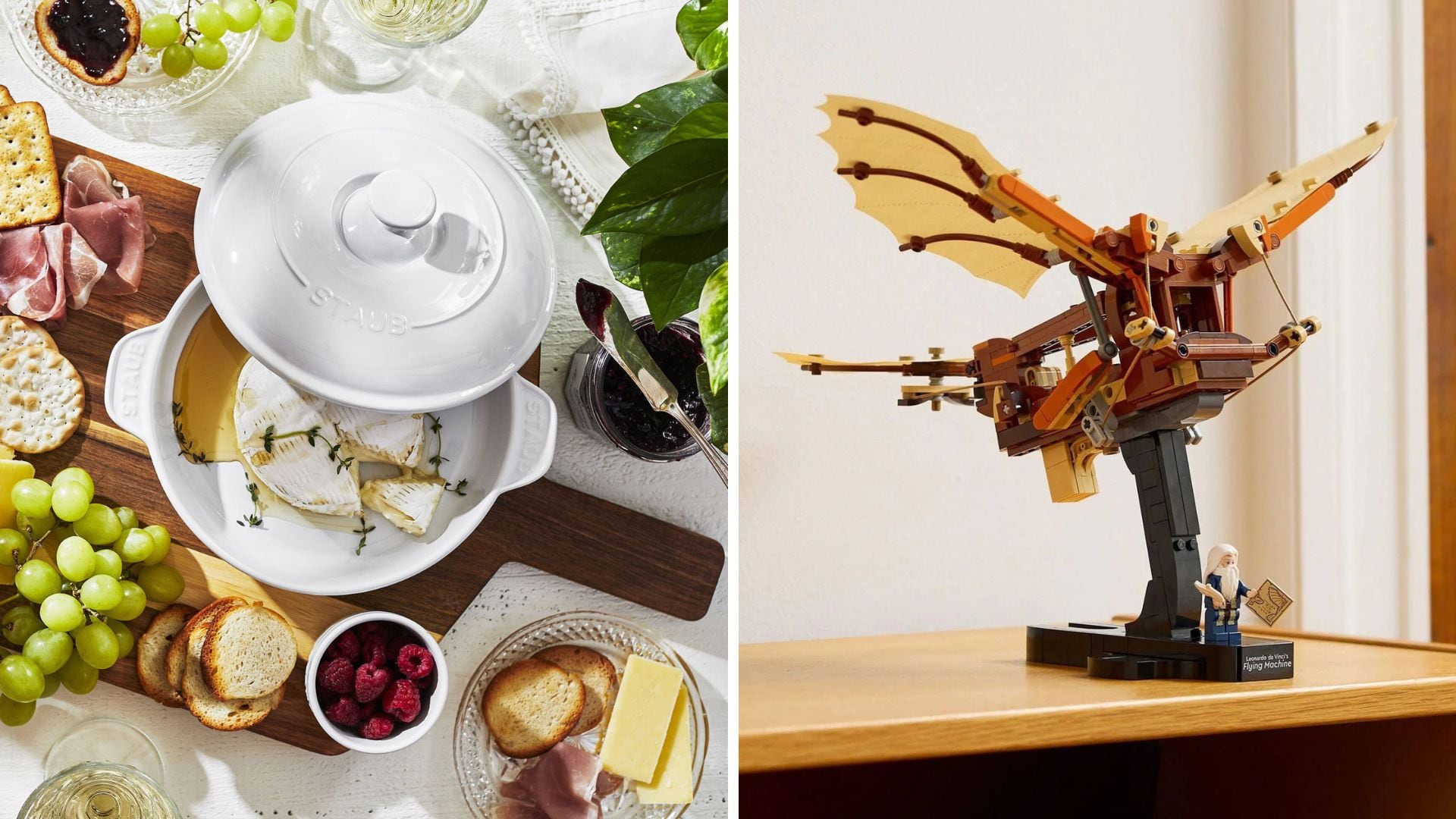 a split image of a brie baker on a charcuterie board and a LEGO model of a Da Vinci invention