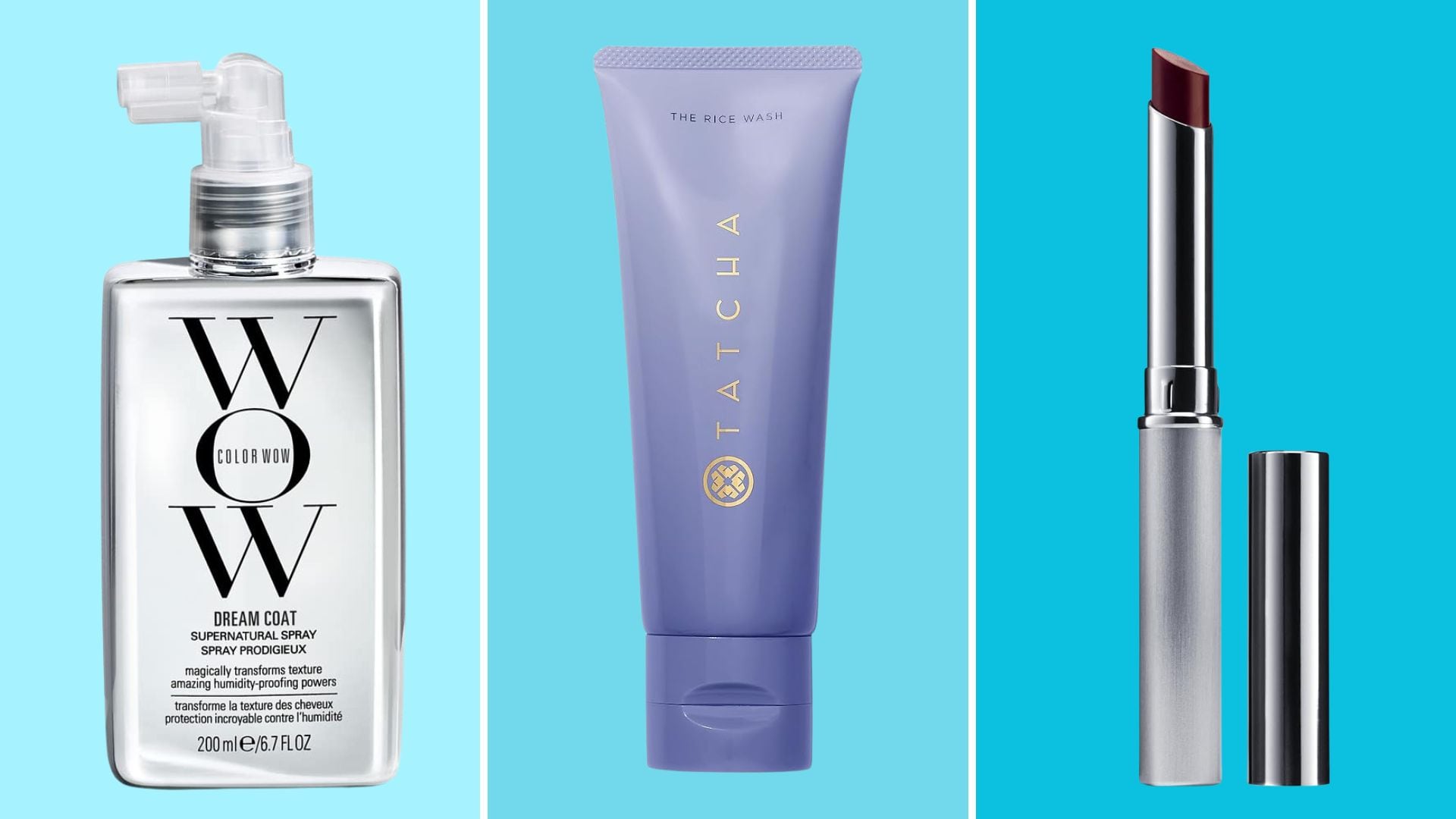 Color Wow serum, Tatcha face wash, and Clinique lipstick.