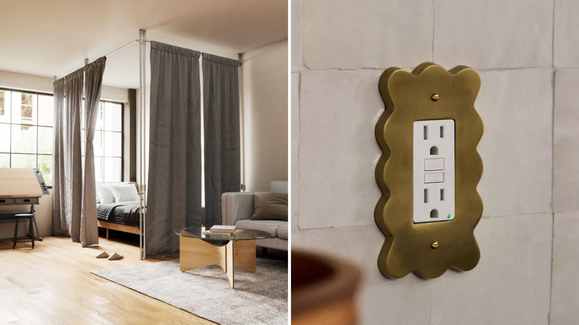 a split image of a room divider and a brass outlet cover