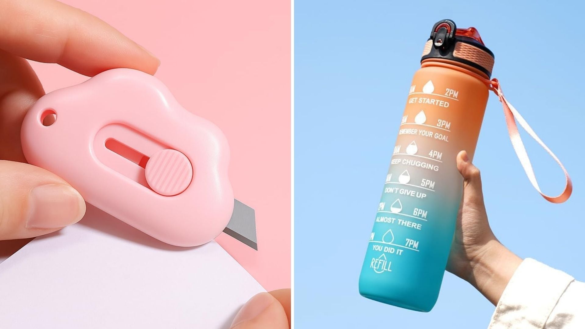 A cloud-shaped letter opener and a time-marked water bottle.