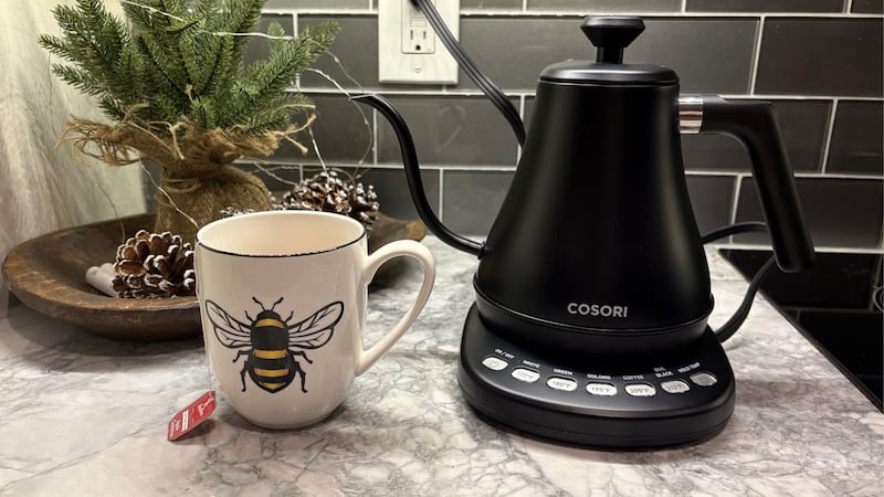 The kettle next to a cup of tea on a kitchen counter