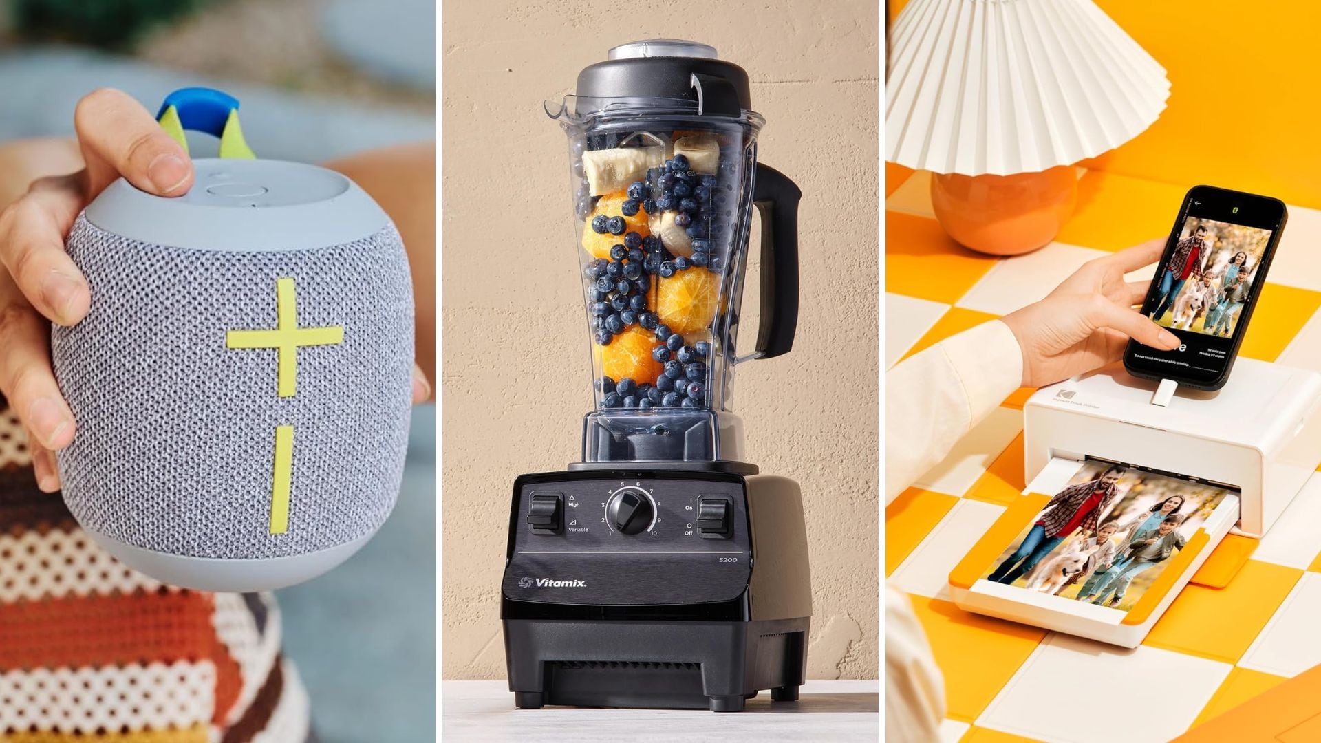 A WONDERBOOM speaker, a Vitamix blender, and a Kodak printer.