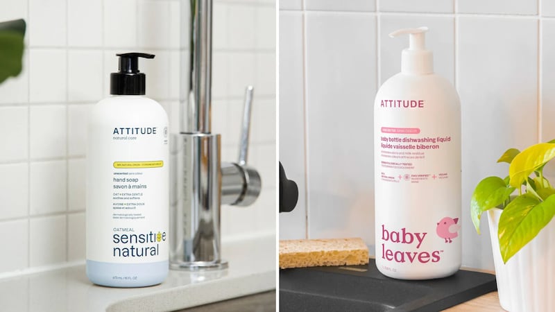 a split image of dish soap by a sink and baby soap on a counter