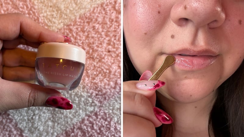 Bianca holding the lip mask in her hand, and Bianca applying it to her lips using the applicator.