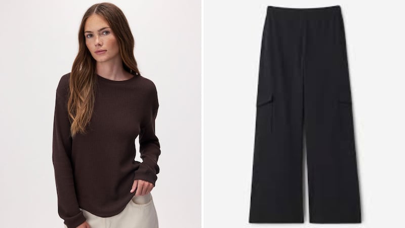 A person wearing a waffle long-sleeve and a pair of wide-leg lounge pants, both from Roots.