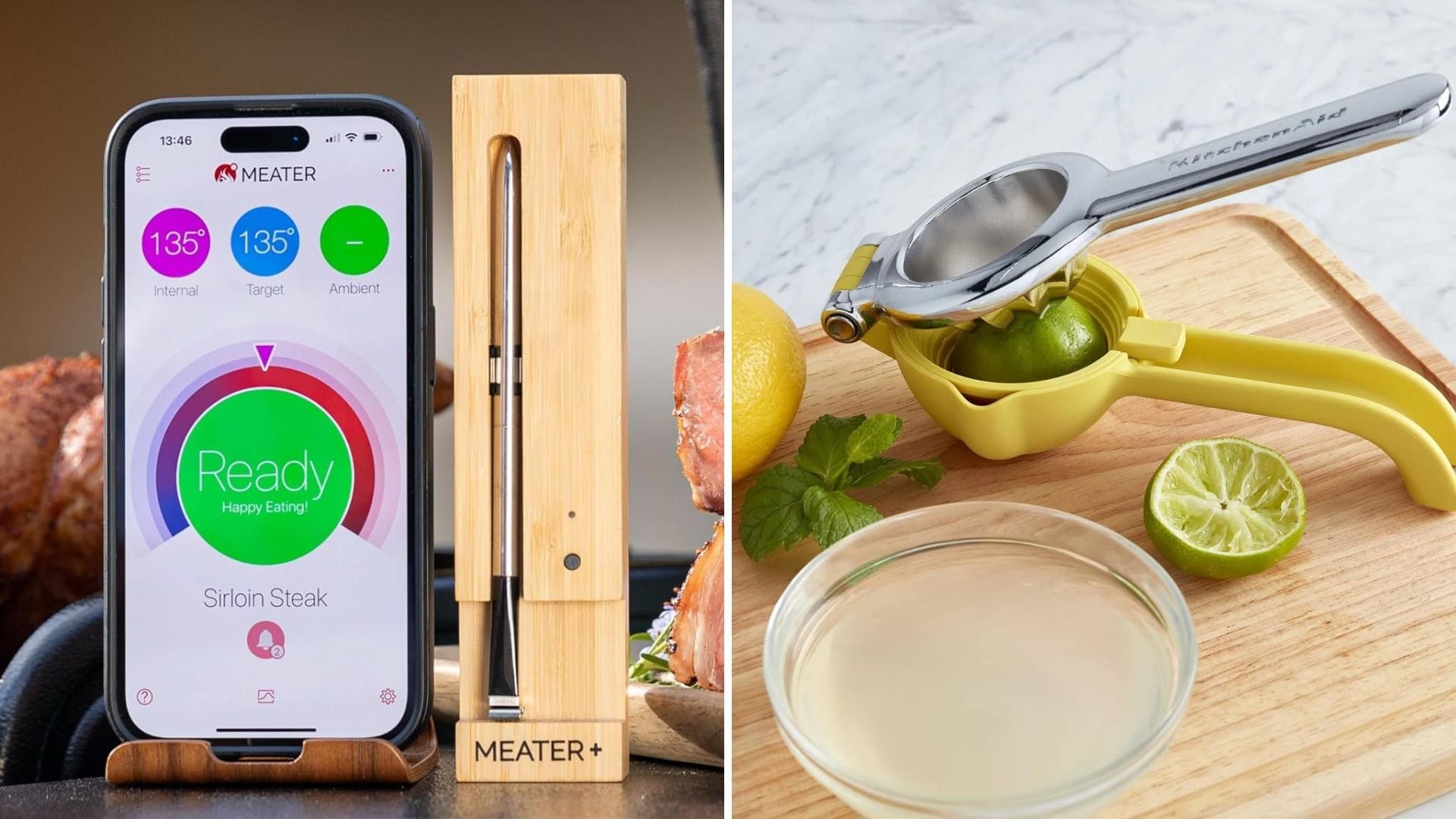 a split image of a meat thermometer and a citrus juicer on a cutting board