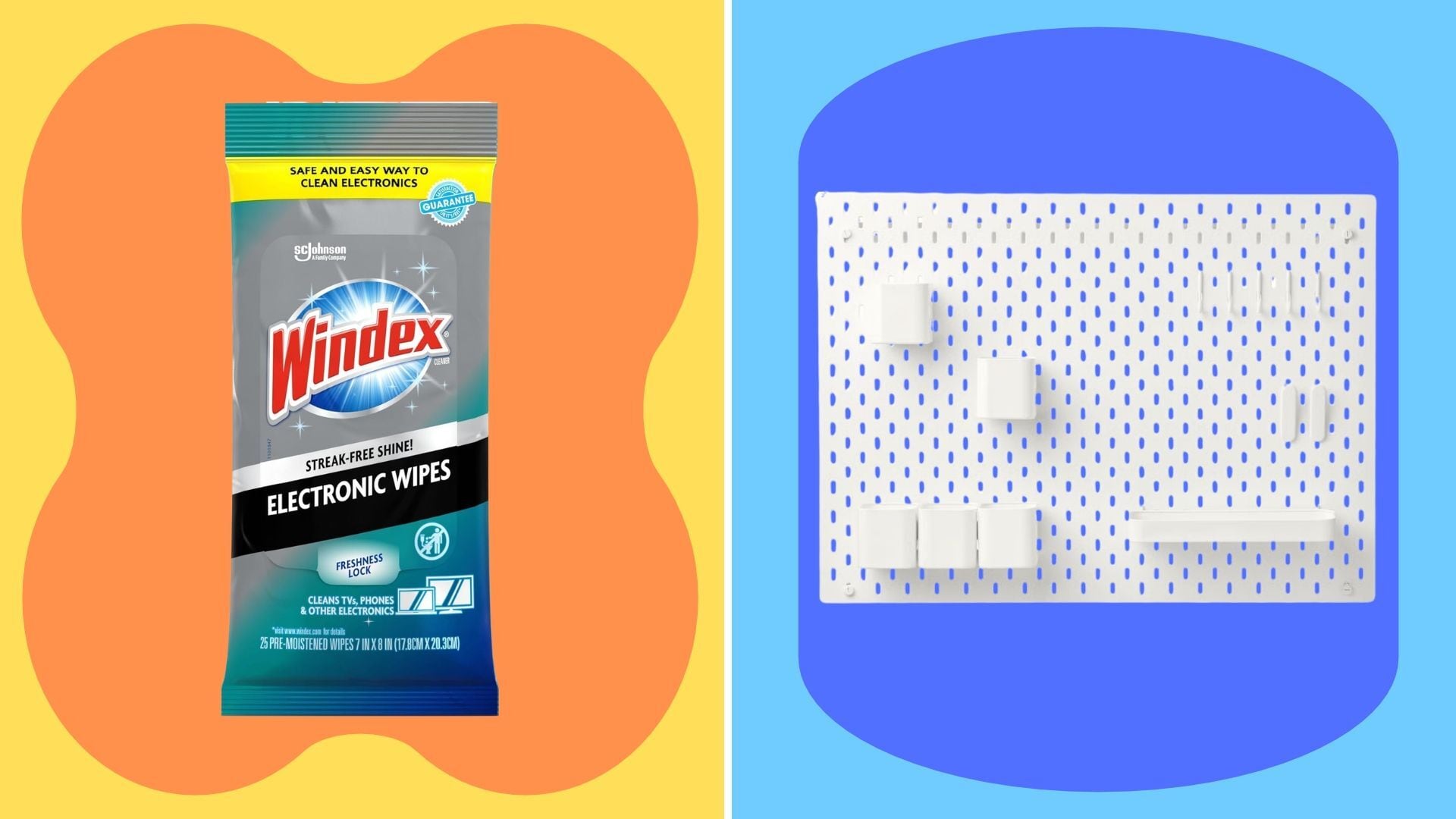 windex tech wipes and an IKEA pegboard with a fun and bright background