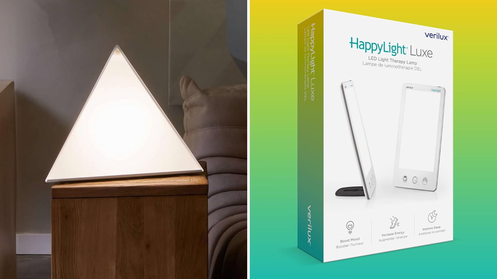 A pyramid-style light therapy lamp and a Verilux light therapy lamp in its box.
