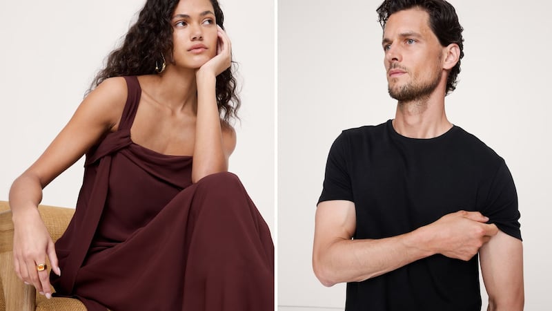 A person wearing a Banana Republic dress and a person wearing a Banana Republic T-shirt. Both are on sale.
