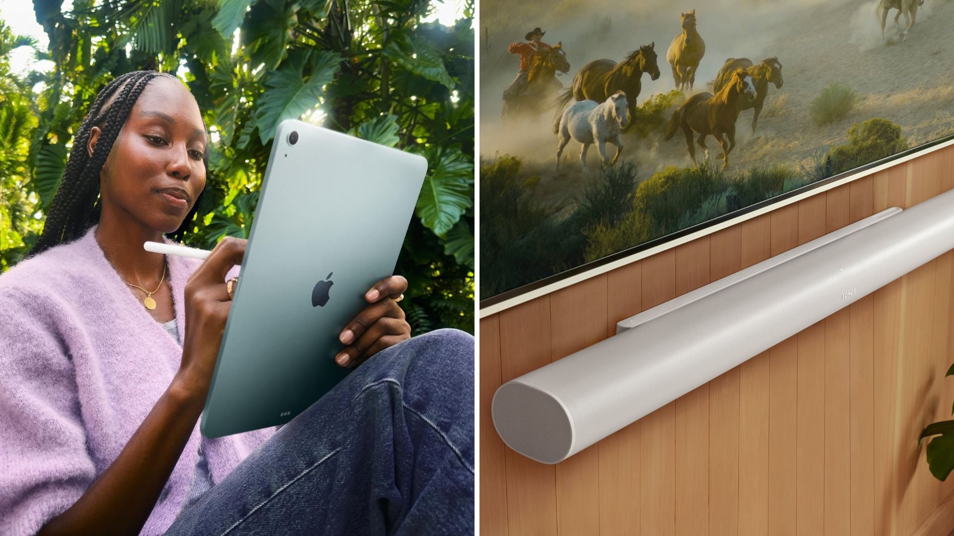 A person using an iPad and a Sonos soundbar.