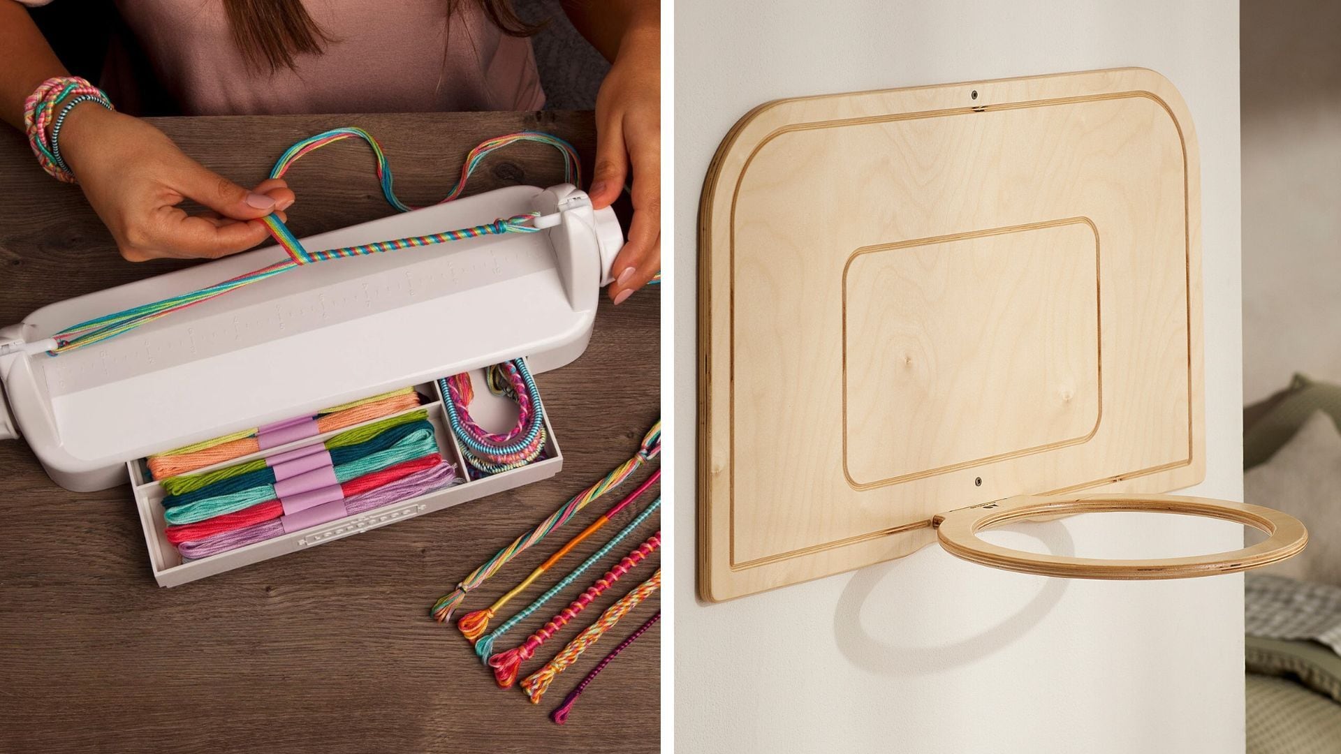 a split image of someone making a friendship bracelet and a wooden basketball hoop.