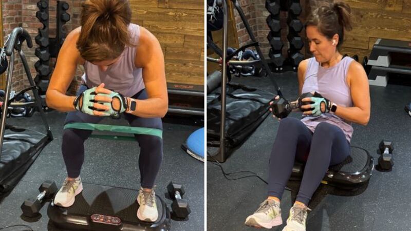 Split image of Valérie Sardin training with the Lifepro Waver Vibration Plate