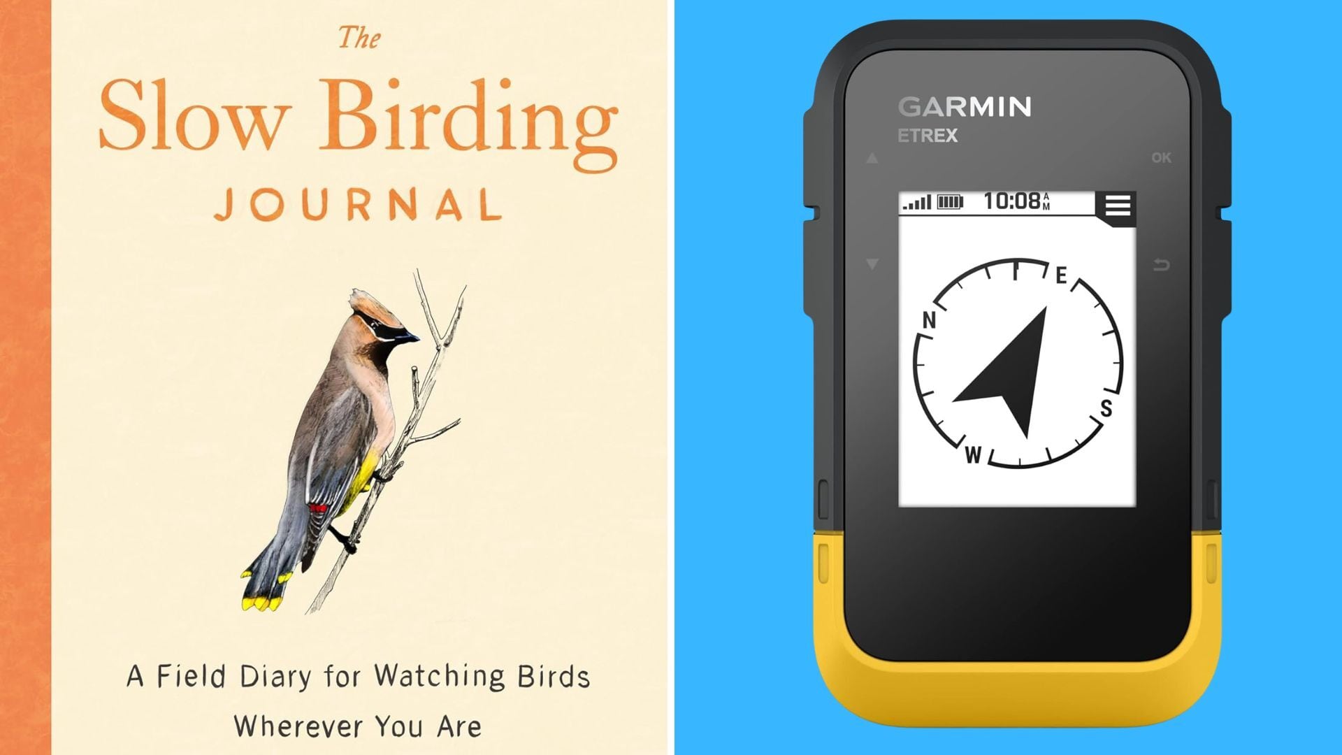 a split image of a birding journal and a GPS tracking device