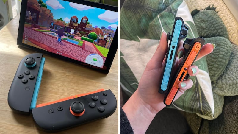 The controllers in front of the Switch 2 screen, and Alice holding the controllers.