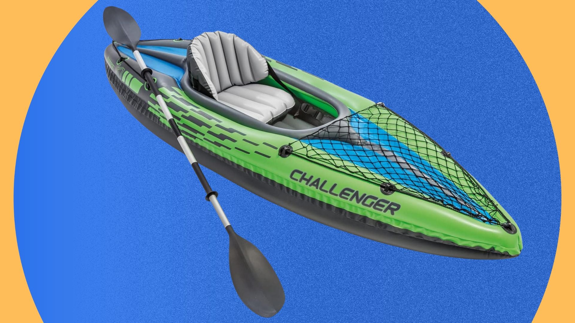 An inflatable kayak on a blue circle background.
