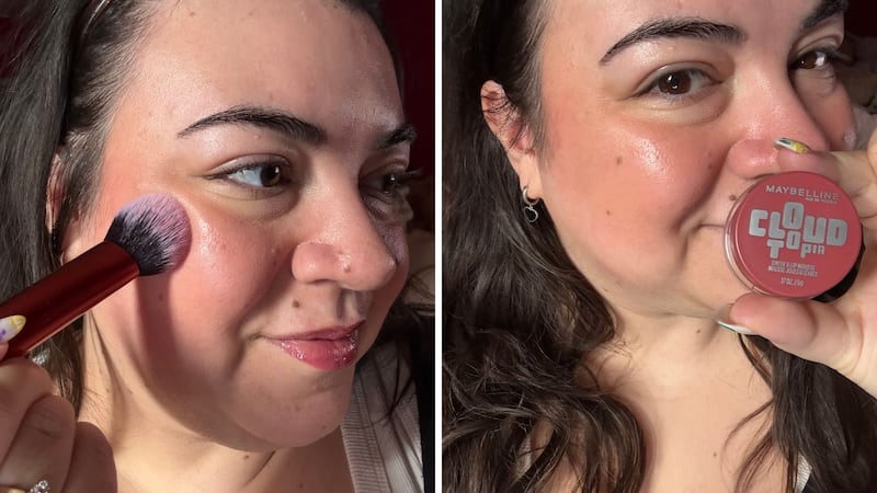 Bianca applying the blush to her cheeks, and displaying the finished look with the container of blush in her hand