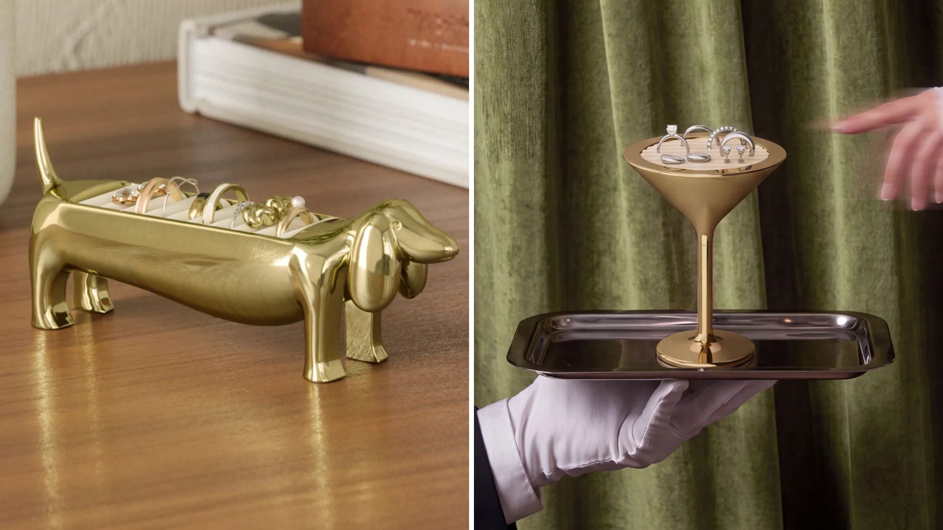 A dog-shaped Umbra ring holder and a martini-shaped Umbra ring holder.