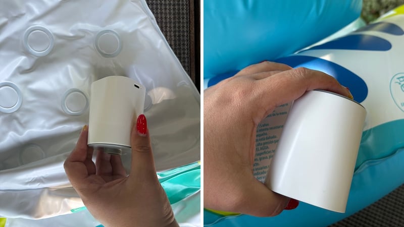 Bianca using the mini air pump on two different sections of the inflatable seat