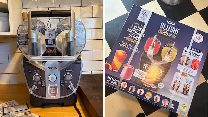 The Ninja SLUSHi Twist Slushie Machine on a counter and in its box.