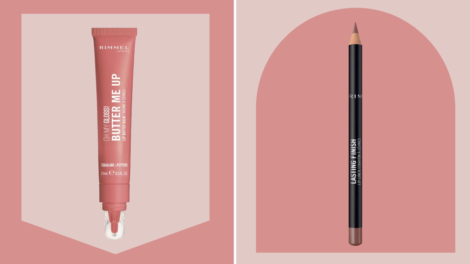 Rimmel lip balm and liner on a pink geometric background.
