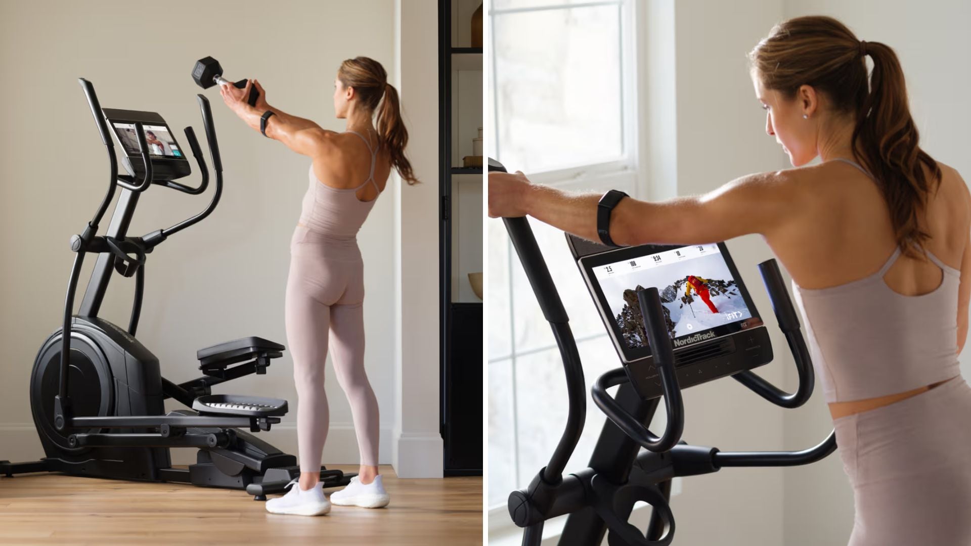 A person using the screen on an elliptical machine to do a floor workout, and a person working out on the same machine.