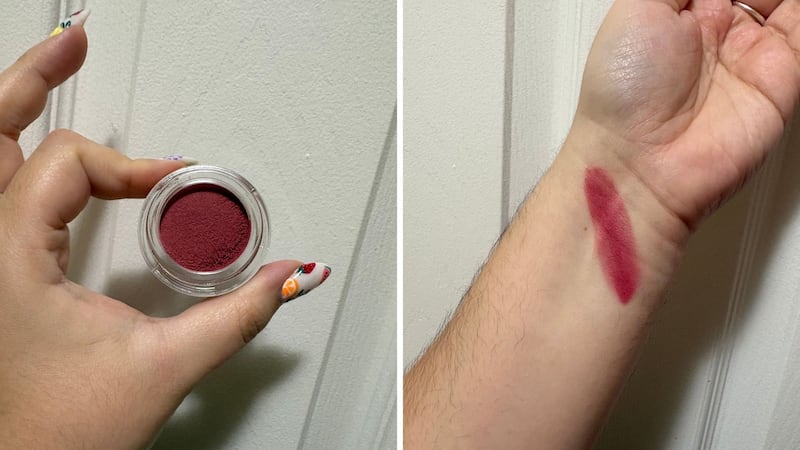 Bianca holding the container of blush, and a swatch of the blush on the inside of her wrist
