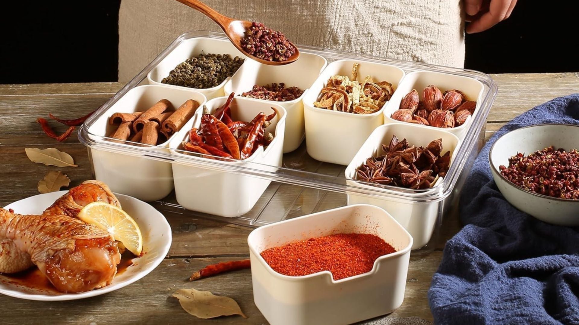 a snack box on a table filled with spices