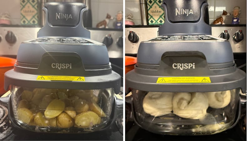 A split image of potatoes and buns cooking in the air fryer