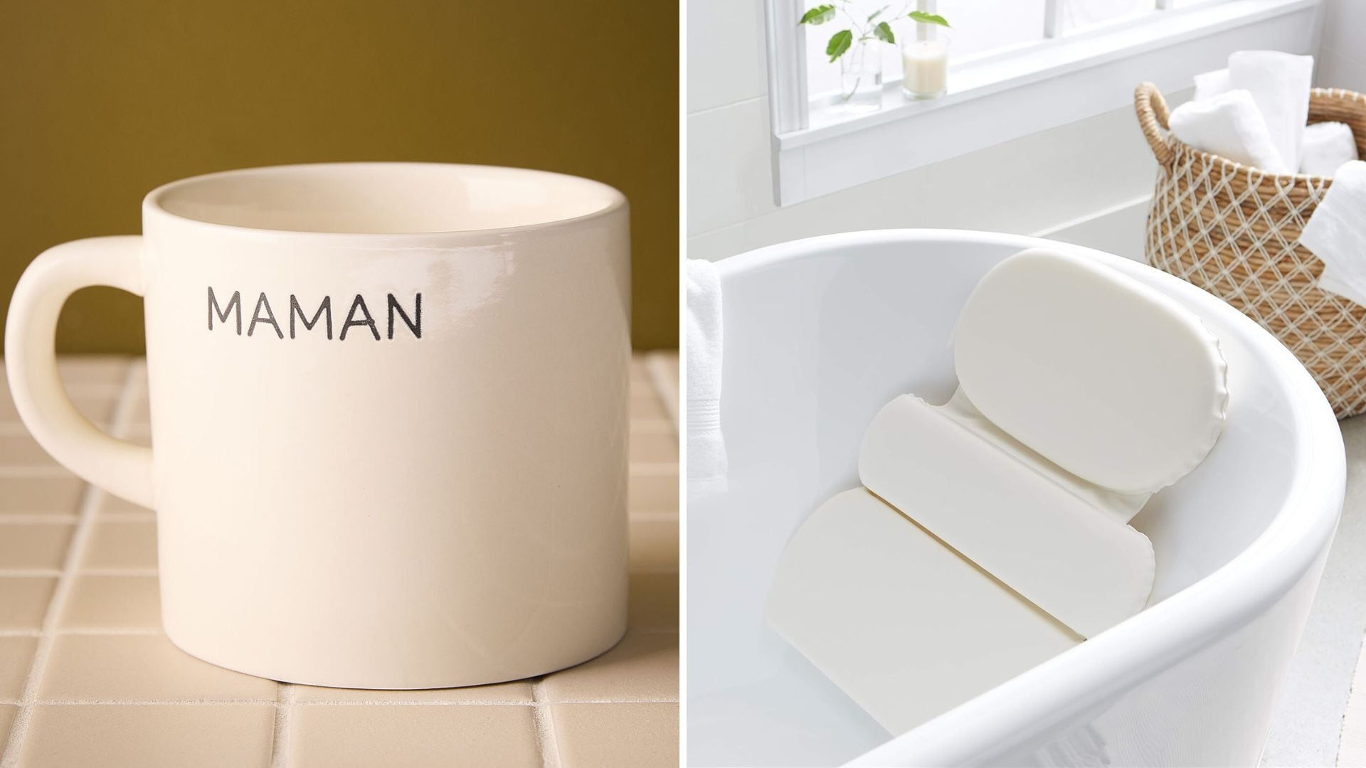 a split image of a mug on a counter and a bath pillow in a bathtub