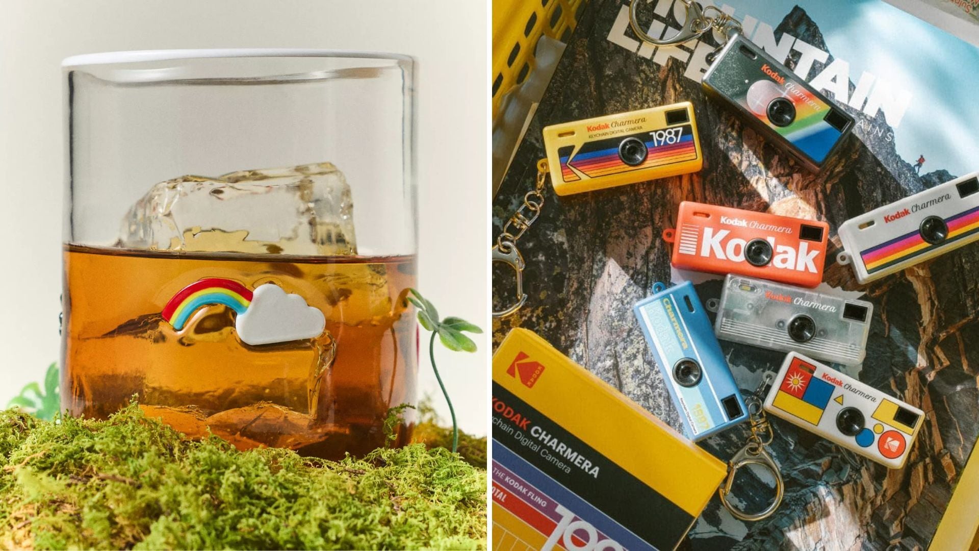 a split image of an icon glass and a bunch of purse charm digital cameras