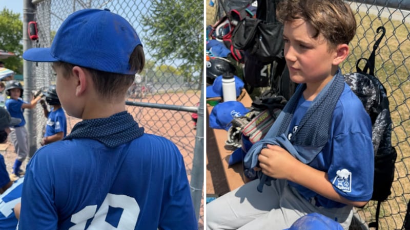 Split image of a boy in baseball uniform wearing a cooling towel around his neck