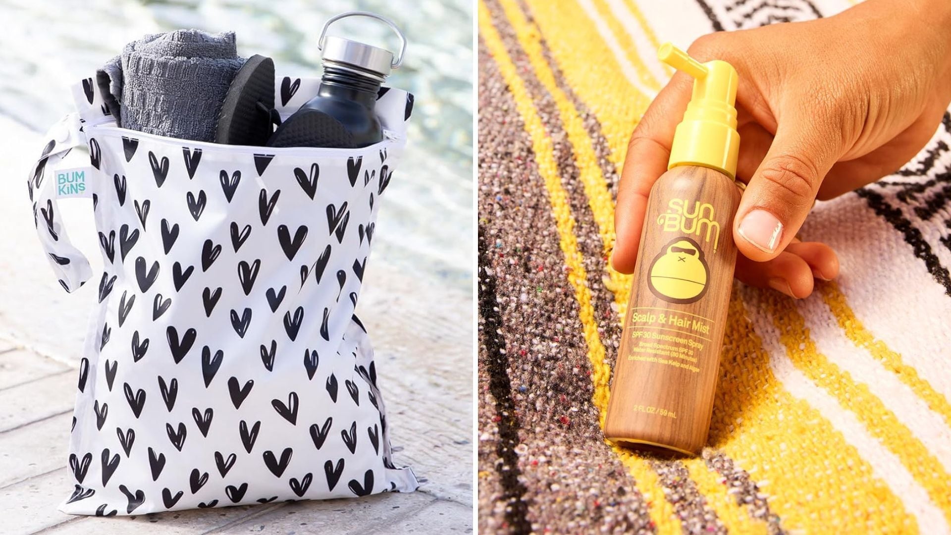 a split image of a wet bag filled with stuff and a person holding a bottle of scalp sunscreen over a beach towel
