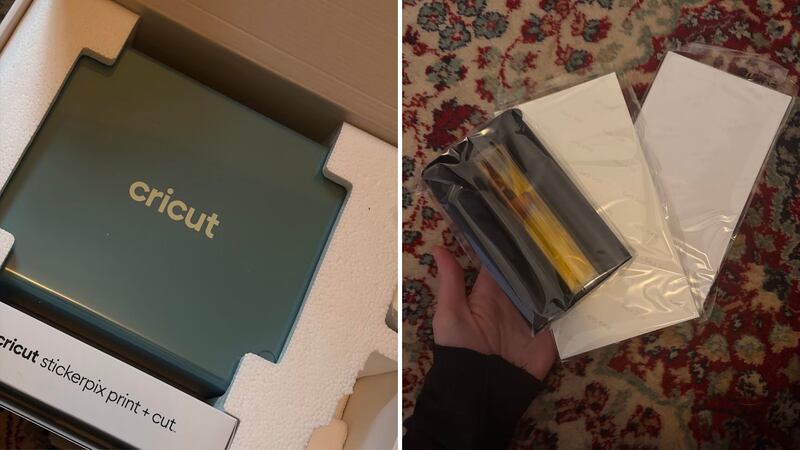 Cricut sticker maker in its box and Alice holding the components.