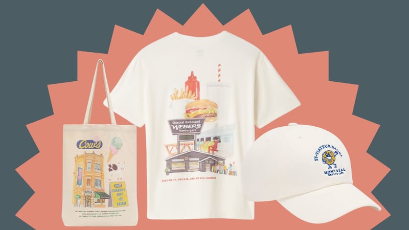 A Roots x COWS tote, a Roots x Webers tee, and a Roots x St-Viateur cap.