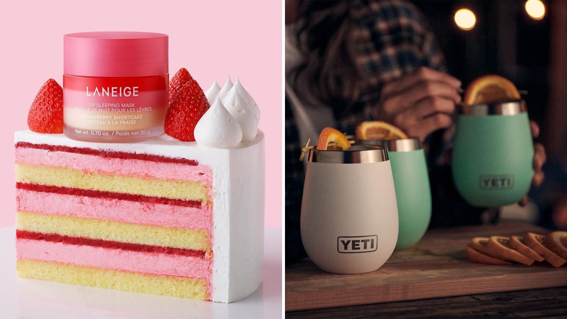 a split image of a lip mask on a slice of cake and three wine tumblers with mulled wine in them